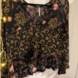 Free People Black and Green Semi-Sheer Floral Blouse